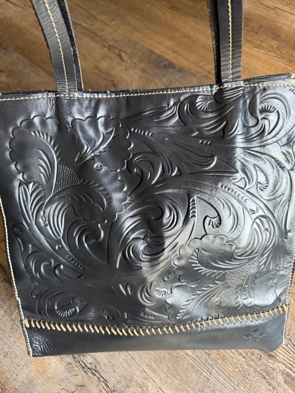 Patricia Nash Black Tooled Leather Floral Tote with Contrast Whipstitch